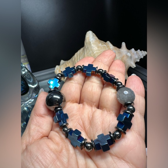 HEMATITE + QUARTZ NATURAL STONES  BRACELET size 7” - Picture 10 of 16